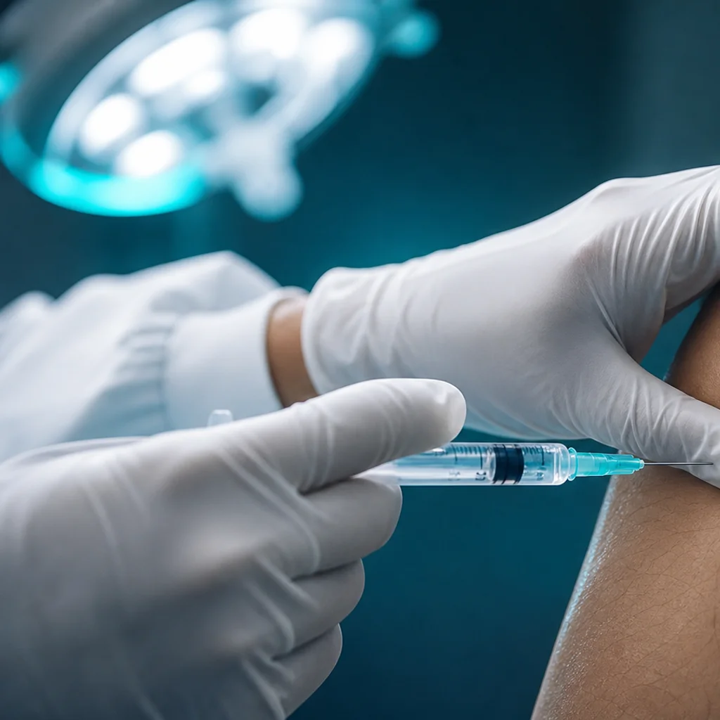 Gloved clinician hands preparing a precise hyaluronic acid knee injection in St. Peters, MO