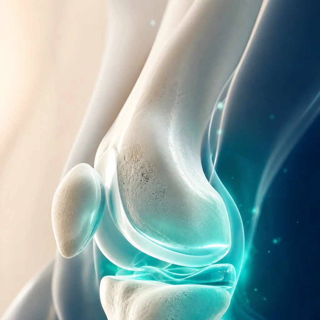 A cushioned knee joint with a soft fluid glow, illustrating hyaluronic acid joint lubrication
