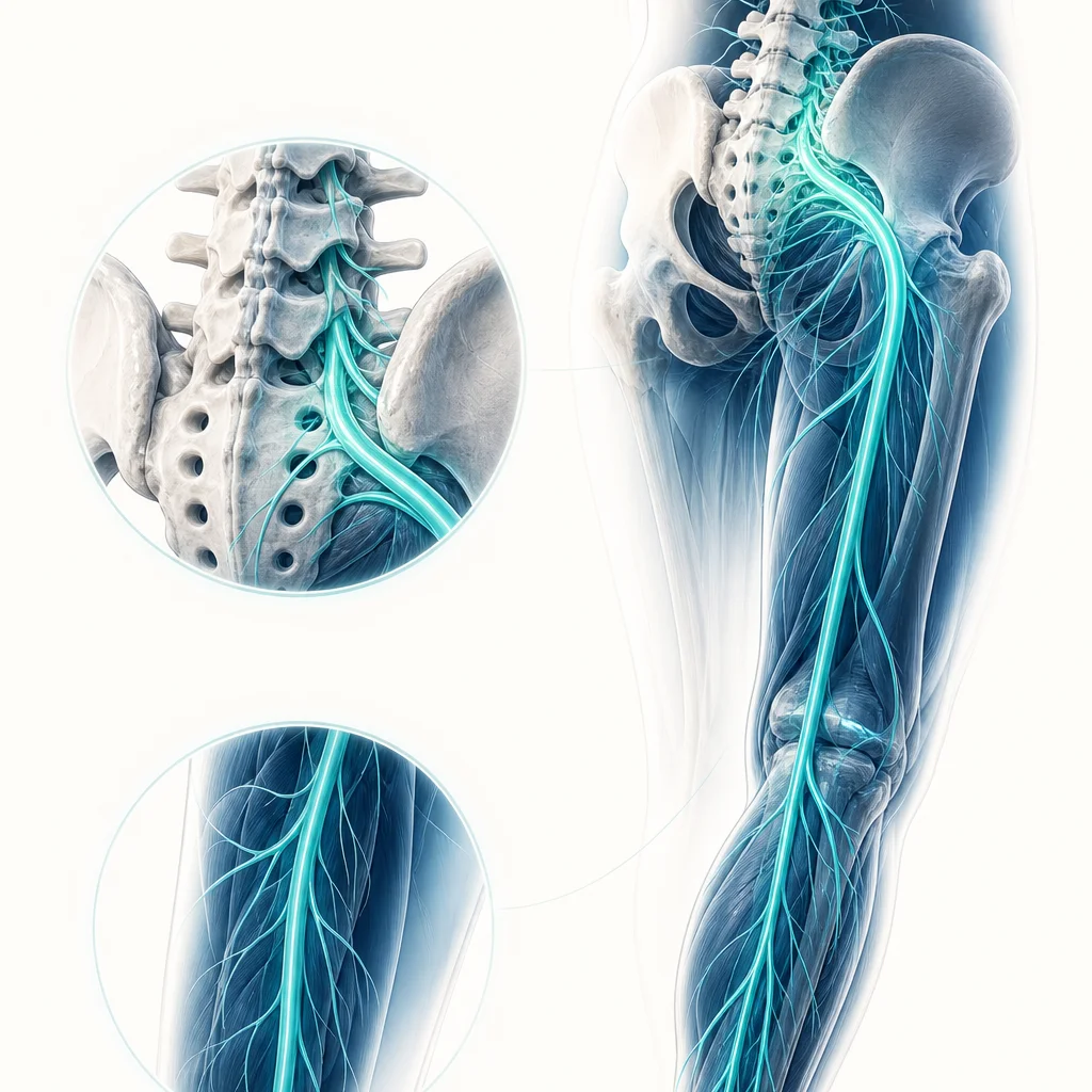 Anatomical illustration related to sciatica